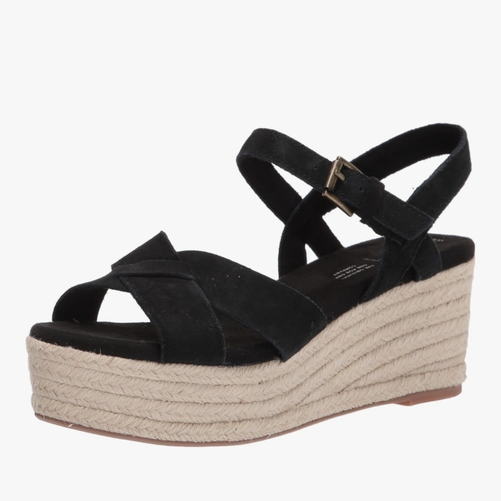 TOMS Abby Black Flatform Espadrille Sandals Size 8 Platform Ankle Strap